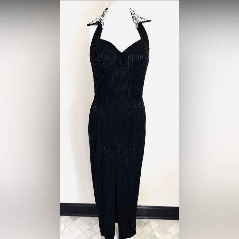 BLACK SEQUIN AND PEARL EVENING GOWN